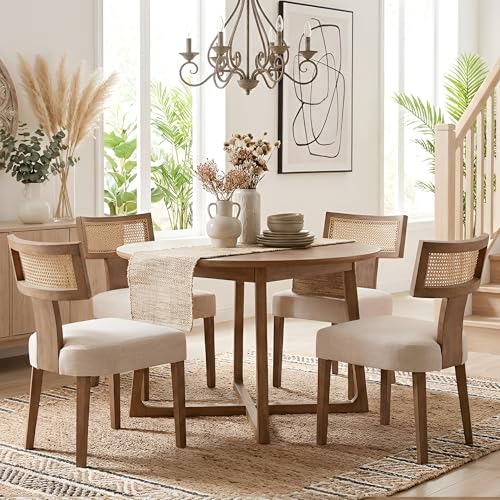 HNY Mid Century Modern Rattan Dining Chairs Set of 2, Linen Upholstered Kitchen & Dining Room Chairs with Ergonomic Curved Back, Solid Wood Frame, Farmhouse Accent Chairs for Home, Apartment, Beige - color: Beige Rattan