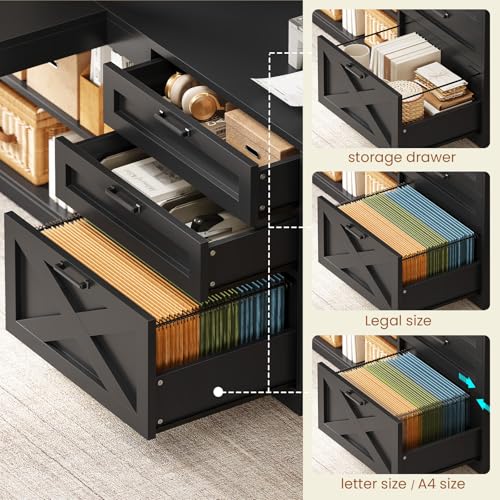 SEDETA 61" Farmhouse L Shaped Gaming Desk with Drawers, Bookshelf Storage - color: Black, size: 61 inches