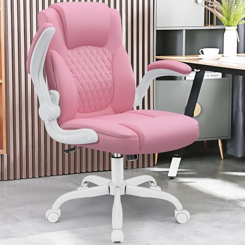 Leather Office Chair, PU Home Computer Desk Chairs with Ergonomic Back Support, 360°Swivel Free,Small Gaming Chair with Wheels and Adjustable Armrests, for Short People Use - color: Pink, size: 1 Pack