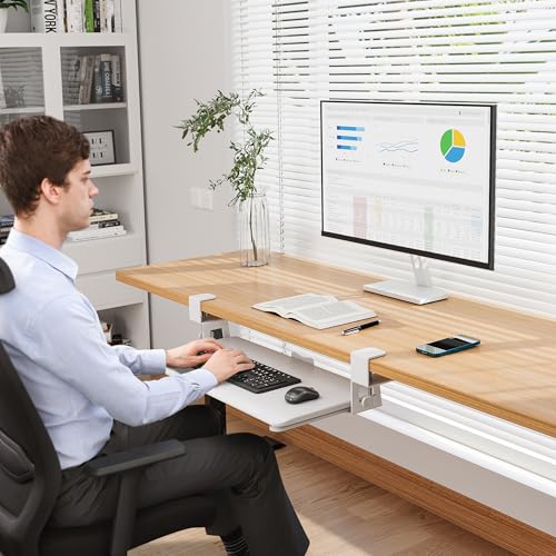 BONTEC Under Desk Keyboard Tray, Pull-Out Keyboard & Mouse Platform | C-Clamp Mount, Space-Saving Ergonomic Slide-Out Drawer, 31.3 in Including Clamps, 25.6 x 11.8 in Tray, White - color: White, size: 25.6" x 11.8"