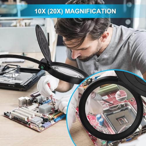 Magnifying Glass with Light and Stand 10X 20X, 36 LED Dimmable Floor Magnifying Lamp, 3-in-1 Adjustable Gooseneck Lighted Magnifier for Reading, Sewing, Crafts, Close Work etc