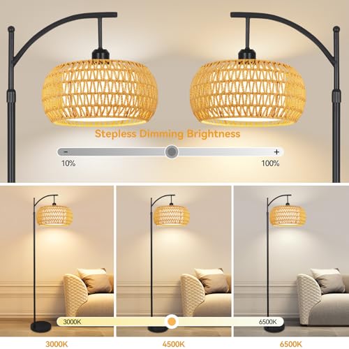 Arc Floor Lamps for Living Room Rattan Boho Floor Lamp with Remote Control,Dimmable LED Floor Lamp Wicker Lamp Shades Black Standing Lamp with 3 Color Temperature Tall Floor Lamps For Bedroom Corner - color: Yellow, size: 12 inch