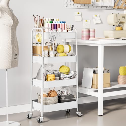 TOOLF 4 Tier Metal Rolling Cart, Utility Storage Cart with Wheels, White | Screwless Assembly, Lockable Metal Wheels, Trolley Organizer for Bathroom, Kitchen, Office, Dorm, Laundry, Craft Room - color: White, size: 4-Tier