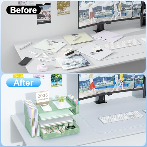 gianotter 4-Tier Desk Organizer with Drawers, File Holders, Letter Trays and Pen Holders - Workspace Accessories for Office Supplies (Sage Green) - color: Sage Green, size: 4T