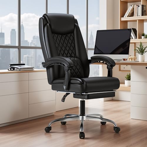 Furmax Office Chair with Footrest Ergonomic High Back Design Executive Computer Desk Chair400lbs, 90-135° Reclining Leather Home Office Desk Chairs Swivel Task Chairs with Wheels(Black) - color: Black