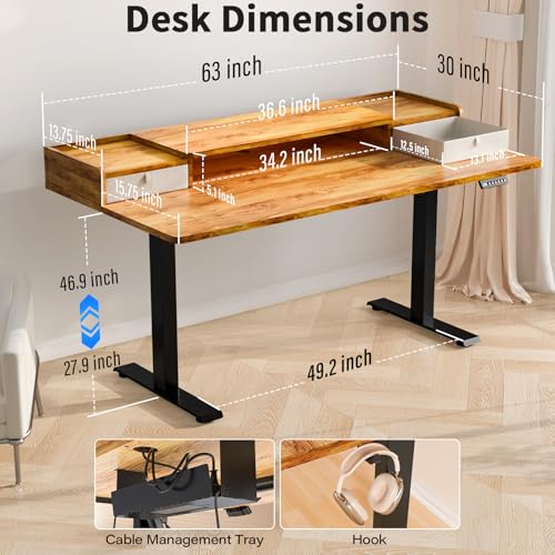 Kingant Standing Desk with Dual Drawers,Electric Height Adjustable 63"x 30" | Built-in USB A&C Charging ports Large Workstation, Heavy-Duty Sit Stand Up Desk For Home Office Daily Work,Light Rustic Brown - color: Light Rustic Brown, size: 63" x 30"