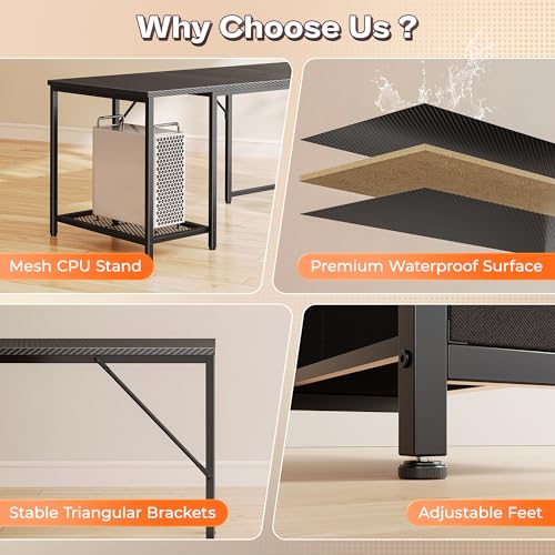 PRAISUN 66" L Shaped Gaming Desk with LED Lights & Power Outlets - color: Carbon Fiber Black