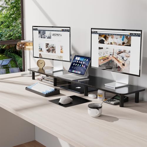 43.7" Extra Long Dual Monitor Stand Riser, Wood & Steel Monitor Stand for 2 Monitors, Wide TV Stand, Desktop Riser for Desk Organization, Home Office,Laptop,Printer,TV (Black) - color: Black