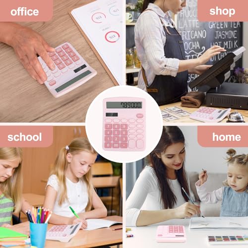 Desktop Calculator, Pink Calculator Big Buttons, 12-Digits Large LCD Display, Solar and AA Battery Dual Power, Desk Calculators for Office Home School Business Class (Pink) | Large LCD Display, Solar and AA Battery Dual Power, Desk Calculators for Office