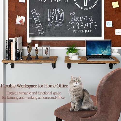 TEAMIX Wall Mounted Folding Table, Floating Desk for Small Spaces, Rustic | Heavy-duty Brackets, Space-saving Murphy Table, Use as Home Office Desk, Dining Table, Laundry Shelf, or Balcony Table - color: Brown, size: 23.6"W x 11.8"D