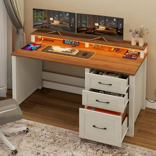 Vabches 47" Farmhouse Executive Desk with 3 Drawers,LED Lights,Unique White - color: Unique White, size: 3 Drawers & Monitor Stand