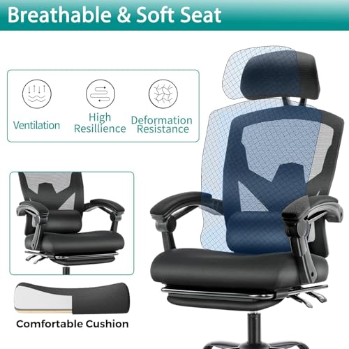 Simple Deluxe Home Office Desk Chair with Footrest, High-Back Mesh Rolling Swivel Reclining Chairs with Wheels, Comfortable Headrest, Lumbar Support, Comfy Arms - color: Black