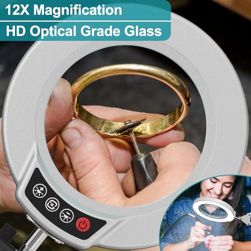12X Magnifying Glass with Light and Stand, 5 Color Modes, Brightness Stepless Dimmable LED Lighted Magnifier Hands Free, 2-in-1 Desk Lamp & Clamp Light, Magnifier Lamp for Crafts - Silvery - color: Silvery, size: 12X 17.8inch Base & Clamp