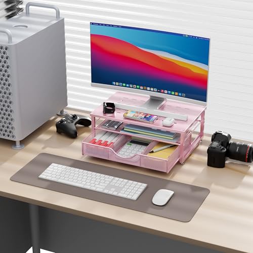 Computer Monitor Stand Riser with Drawer - color: Pink