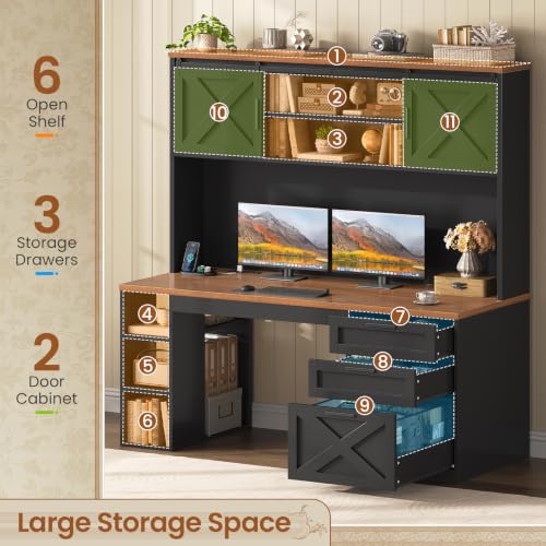 SEDETA 55.1" Farmhouse Desk with Hutch & 3 Storage Drawers - color: Black and Brown, size: Desk with Hutch (55")