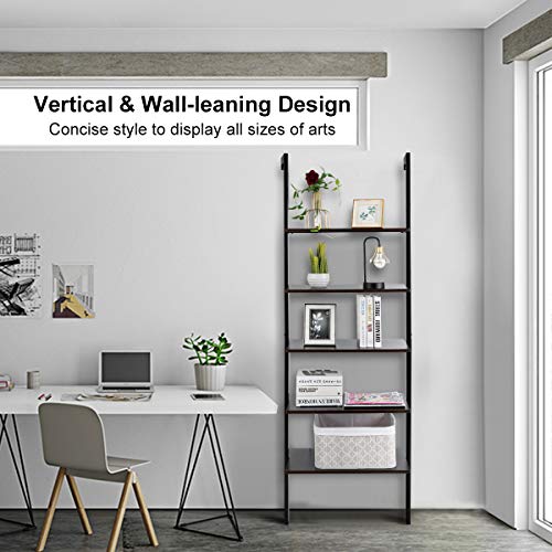 Tangkula 5-Shelf Bookcase, Modern 5-Tier Wood Wall Mounted Ladder Bookshelf with Metal Frame, 72 Inches Tall Industrial Open Ladder Shelf Display Rack Storage Shelves for Home Office (Dark-Brown, 1)
