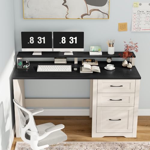 Vabches 47" Farmhouse Executive Desk with 3 Drawers and LED Lights, Black - color: Black, size: 3 Drawers & Monitor Stand
