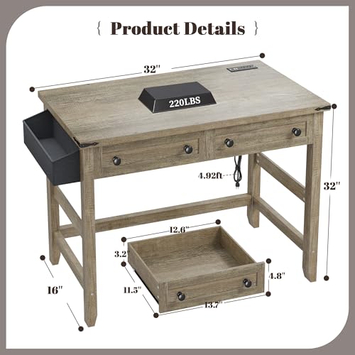 EnHomee Small Desk with Drawers & Side Pocket for Teens & Bedroom | 2 Wooden Storage Drawers & Side Pocket; Store Stationery & Personal Belongings for Teen Small Bedroom Space, Dark Rustic Oak - color: Dark Rustic Oak, size: 32inch with Drawers