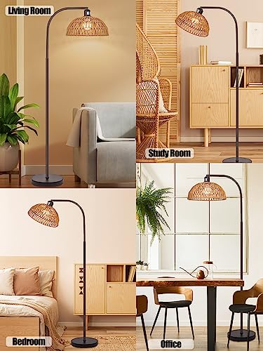Brilvibera Boho Standing Lamp with Remote Control and Dimmable Bulb | Hand-Worked Adjustable Rattan Shades, Black Farmhouse Tall Lamp, Boho Arc Floor Lamps for Living Room, Bedroom, Office - style: Rattan Standing Lamp Black