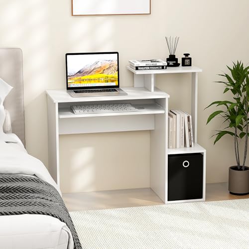 GIANTEX White Computer Desk with Drawers & Keyboard Tray, Modern Home Office Desk with Storage Shelves & Printer Stand, Laptop PC Table for Workstation, Study Writing Desk for Small Spaces, Bedroom