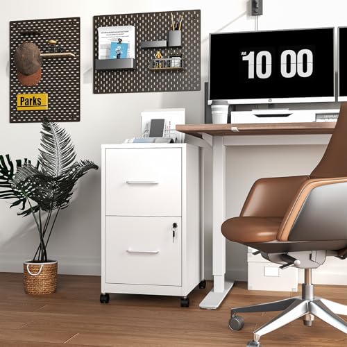 2 Drawer Mobile File Cabinet with Lock, Rolling Metal Filing Cabinet on Wheels, Lockable Under Desk Steel Vertical File Cabinets for Home Office, Letter/Legal/A4/F4, Assembly Required White