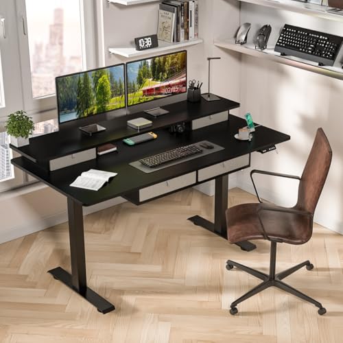 Kingant Electric Standing Desk with 4 Drawers, Height Adjustable 63"x 30" - color: Black, size: 63" x 30"