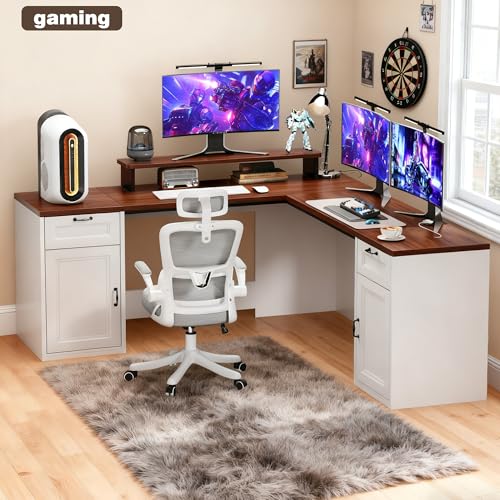 HUAHUU 78" Farmhouse L Shaped Executive Desk with Drawers, Modern Computer Desk with Power Outlets, Office Writing Desk with Monitor Stand & Storage Cabinet, Printer Shelf, Antique White - color: Walnut and White