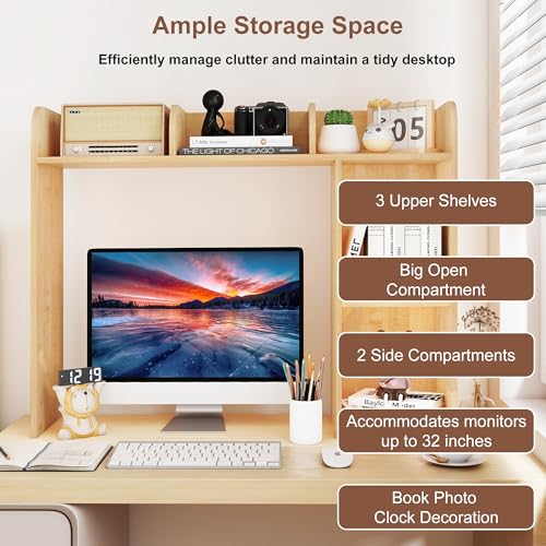 WAYTRIM Desk Shelf, Desk Hutch 3-Tier Desktop Bookshelf & Desk Organizer Shelf for Top of Desk, Wood Desktop Storage Shelf for Dorm, Office, Small Space, Desk Organizers and Accessories - style: 3-Tire