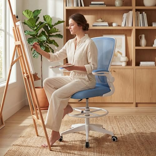COSTWAY Drafting Chair with Flip-up Armrests & Adjustable Foot Ring, 1 Pack - color: Blue