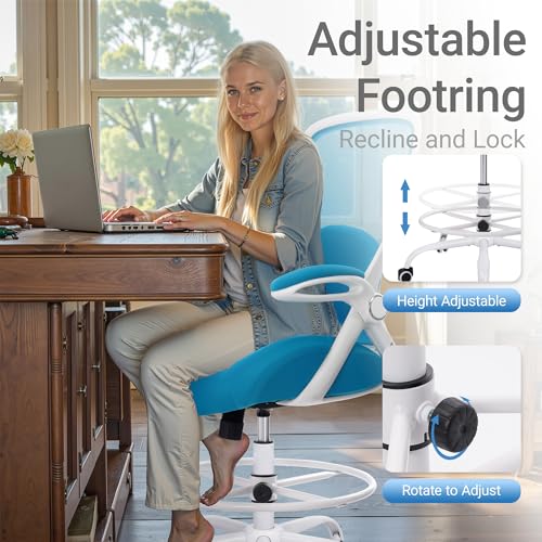 HYLONE 400lbs Heavy Duty Drafting Chair 5" Thickened Seat Office Chair with Flip-Up Armrests Tall Ergonomic Computer Chair with Lumbar Support and Adjustable Footrest Ring Standing Desk Chair (Blue) - color: Blue