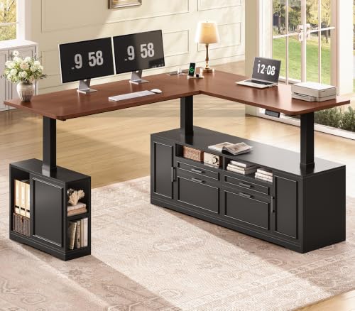 SEDETA Farmhouse L Shaped Executive Electric Standing Desk with 4 Drawers | 69" x 55" Height Adjustable Office Desk with Storage Shelves, Power Outlet, Sit Stand Computer Desk, Black and Brown - color: Black and Brown