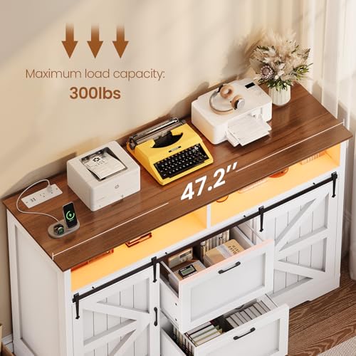 SEDETA 47.2" File Cabinet, 2 Drawers Filing Cabinets for Home Office fit Legal/Letter/A4 File, Farmhouse File Cabinet with Barn Door & Power Outlets, Printer Stand with Storage & LED Lights, White - color: White