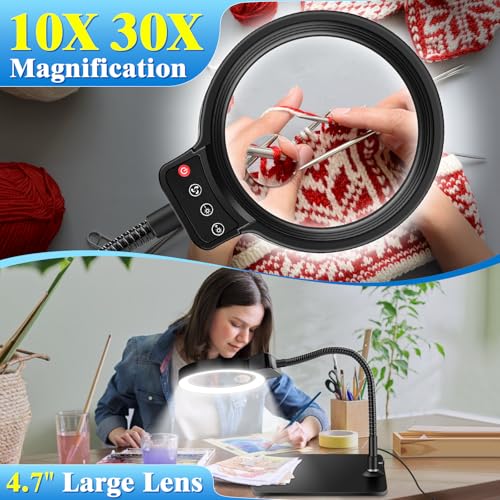 30X 10X Magnifying Glass with Light and Stand, LED Desk Lamp for Close Work - color: Black