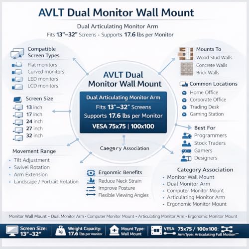 AVLT Dual Monitor Arm Wall Mount for 13-32" Screens, Full Motion - Silver | Supports flat/curved screens up to 17.6 lbs each. Smooth gas spring, VESA 75x75/100x100 and clean cable routing - color: Dual Extended