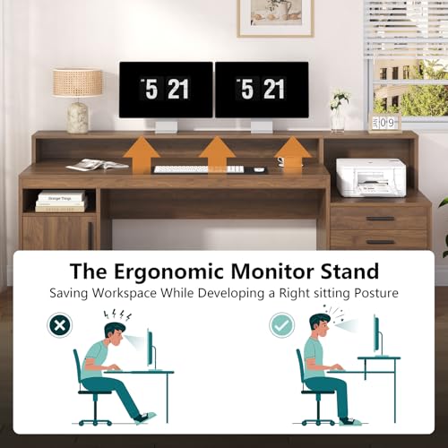 65" Computer Desk with 3 Drawers & Printer Shelf for Home Office | Office Desk with Printer Shelf & File Drawer, Executive Desk Writing Study Table with Monitor Stand, Brown - color: Brown