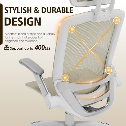 GABRYLLY Ergonomic Office Chair, High Back Home Desk Chair with 2D Flip-Up Arms, 3D Headrest, 90-120° Tilt and Wide Cushion, Big and Tall Mesh Chairs for Man Woman, Computer Task Chair Beige - color: White Frame Beige Mesh