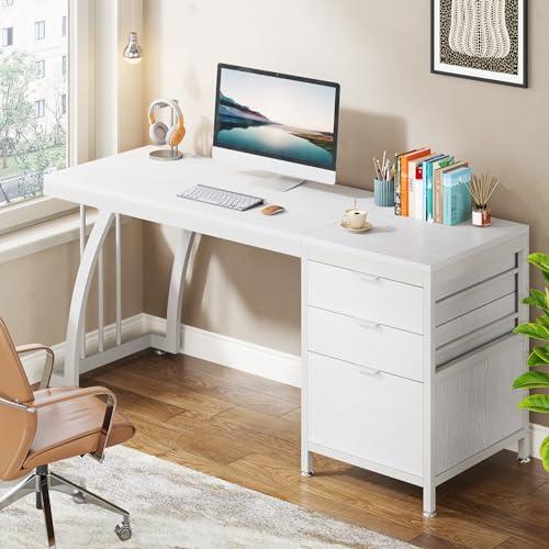Tribesigns 59 Inch Computer Desk with 3 Drawers, Industrial PC Desk Study Writing Table Workstation with File Storage, Home Office Desks with Large Desktop and Metal Frame, (White) - color: White