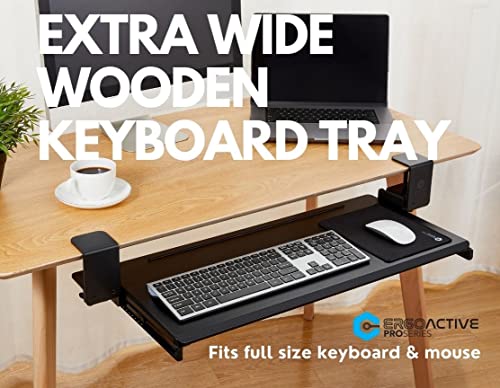 ErgoActive Wide Under Desk Slide Out Keyboard Tray with Clamp On Easy Installation, Fits Full Size Keyboard and Mouse, Under Desk Drawer (Wood Tray)