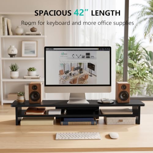 WALI 42 inch Large Wood Dual Monitor Stand Riser with Storage, up to 88lbs | Multi-Purpose Computer Stands, 2 Tier Desktop Organizer Desk Shelf for Home Office PC, Laptop, Printer, TV (WTT001), Black - color: Black, size: 42"L * 10"W