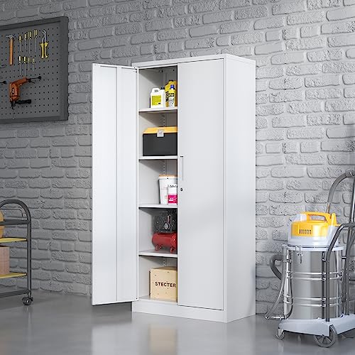 Metal Storage Cabinet for Garage, Tool Cabinet, Utility Cabinet - color: White, size: L - 2 Doors & 5 Shelves (Wheelless)