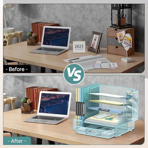 5-Tier Desk Organizer with File Holder & Pen Holder & Sliding Drawer, Blue - color: Blue