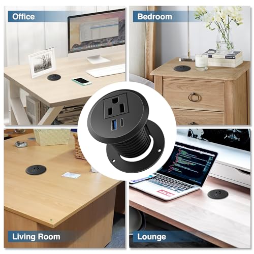 Desktop Power Grommet, 2inch Desktop Power Grommet Outlet, Recessed Power Strip Outlet with 1 USB and 1 Type-C, 20W PD Fast Charge for Desk, Kitchen, Office, Home, Hotel and More