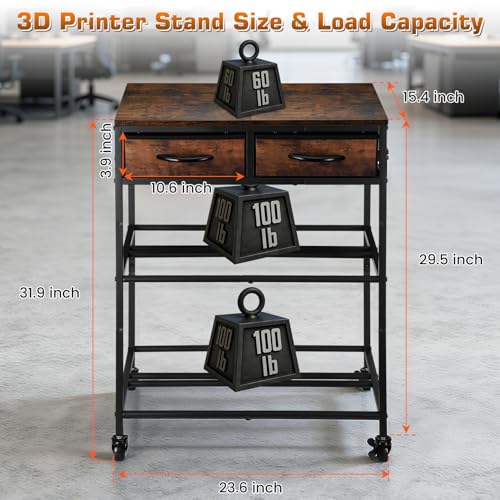 3D Printer Filament Storage Shelf with Drawers& Wheels, Heavy Duty 2-Tier 3D Printer Filament Metal Stand with Storage, Adjustable Filaments Organzied Rack for Workshop Studio Office, 4 Leveling Feet - color: Brown