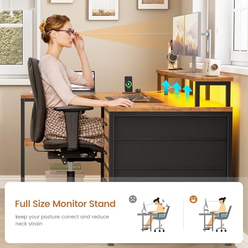 SEDETA L Shaped Desk with 4 Drawers, Shelves, Power Outlets, Rustic Brown - color: Rustic Brown