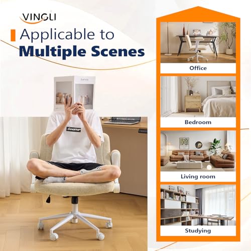 VINGLI Criss Cross Chair with Adjustable Flip-Up Arms,Cross Legged Chair with Wheels, Extra Wide Office Chair,Cozy Desk Chair for Home Office, Vanity, Apartment,Chenille Velvet,Beige - color: Beige
