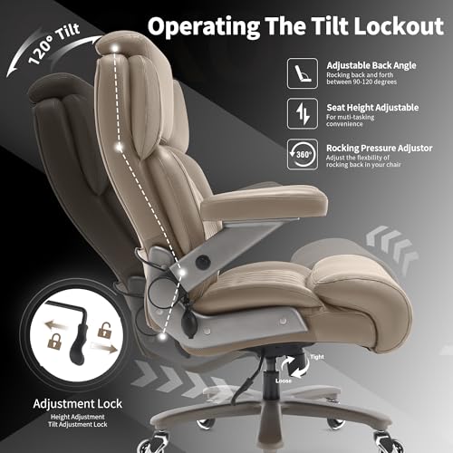 Big and Tall Office Chair 700lbs, Ergonomic High Back Computer Desk Chair | Adjustable Headrest&Lumbar Support, 3D Flip Arms, Large Wheels, Heavy Duty Metal Base, Thick Padded Wide Seat Executive Chair - color: Khaki
