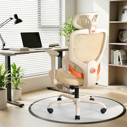 Ergonomic Office Chair with 4D Flip-Up Arms & Footrest, Mesh Desk Gaming Chair with 3D Headrest & 2D Floating Wing Lumbar Support, High Back Computer Chair for Home Office Vanity, Beige - color: Beige