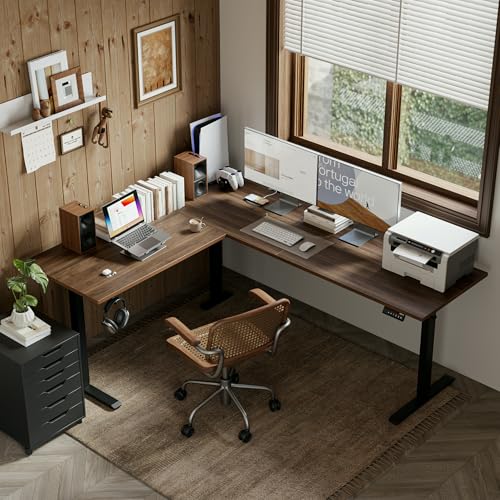 Agilestic 76 x 61 Inch L Shaped Electric Standing Desk, Dark Walnut - color: Dark Walnut, size: 75x61 Inch