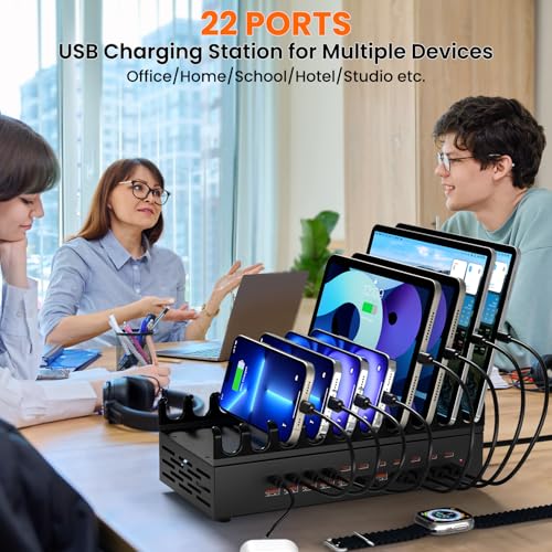 300W USB Charging Station for Multiple Devices - 22 Ports Desktop Multi Fast Charger Station with Device Organizer Stand & Multi Protection, USΒ Power Strip Suitable for Home Office School Studio
