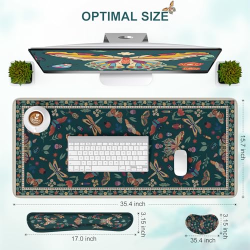 iCasso Large Mouse pad for Desk, Computer Desk Mat, 3Pcs XXL Keyboard and Mouse Pad + Keyboard Wrist Rest, Desk Matt for Desktop, Easy Typing Pain Relief Ultra Thick Mousepad Keyboard Mat(Green) - color: Green Butterfly